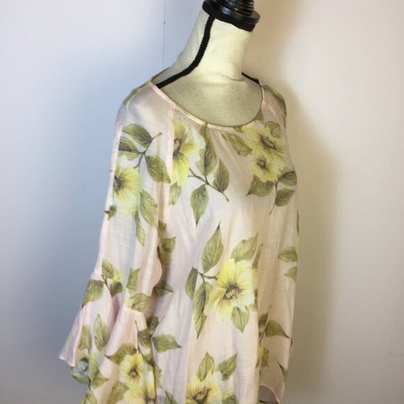 LC Lauren Conrad Blouse Tunic Top XL Womans Pink Yellow Floral Long Bell Sleeve - Picture 14 of 15